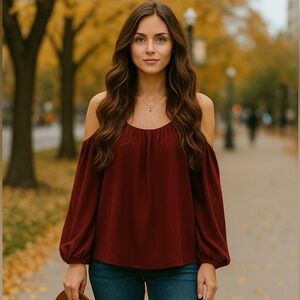 SUGAR + LIPS | WOMEN’S SHEER OFF-THE-SHOULDER BLOUSE | BURGUNDY | SMALL | NWT
